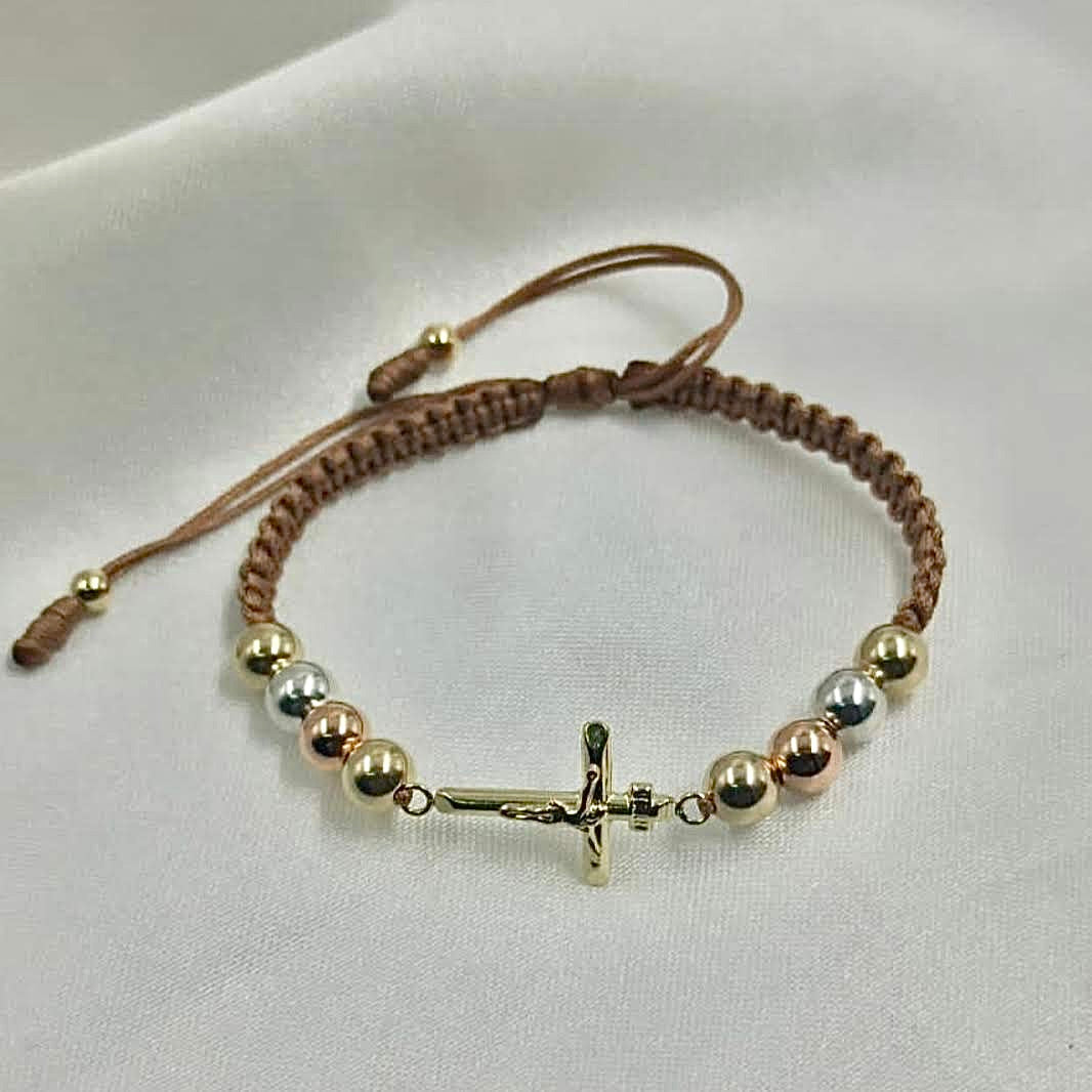 Pulsera Cruz 3 oros (6mm)